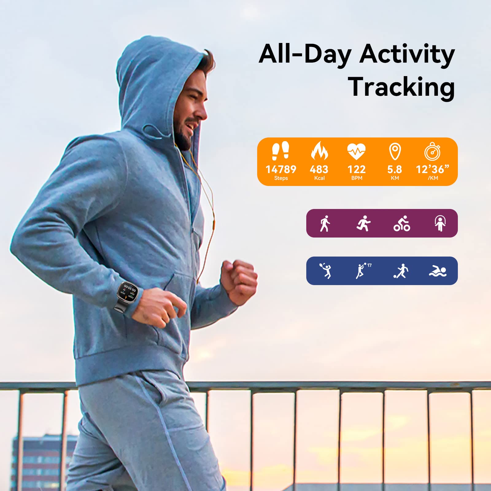 Man running, with the Mingdaln Smart Watch displaying activity tracking data like steps, calories, and heart rate