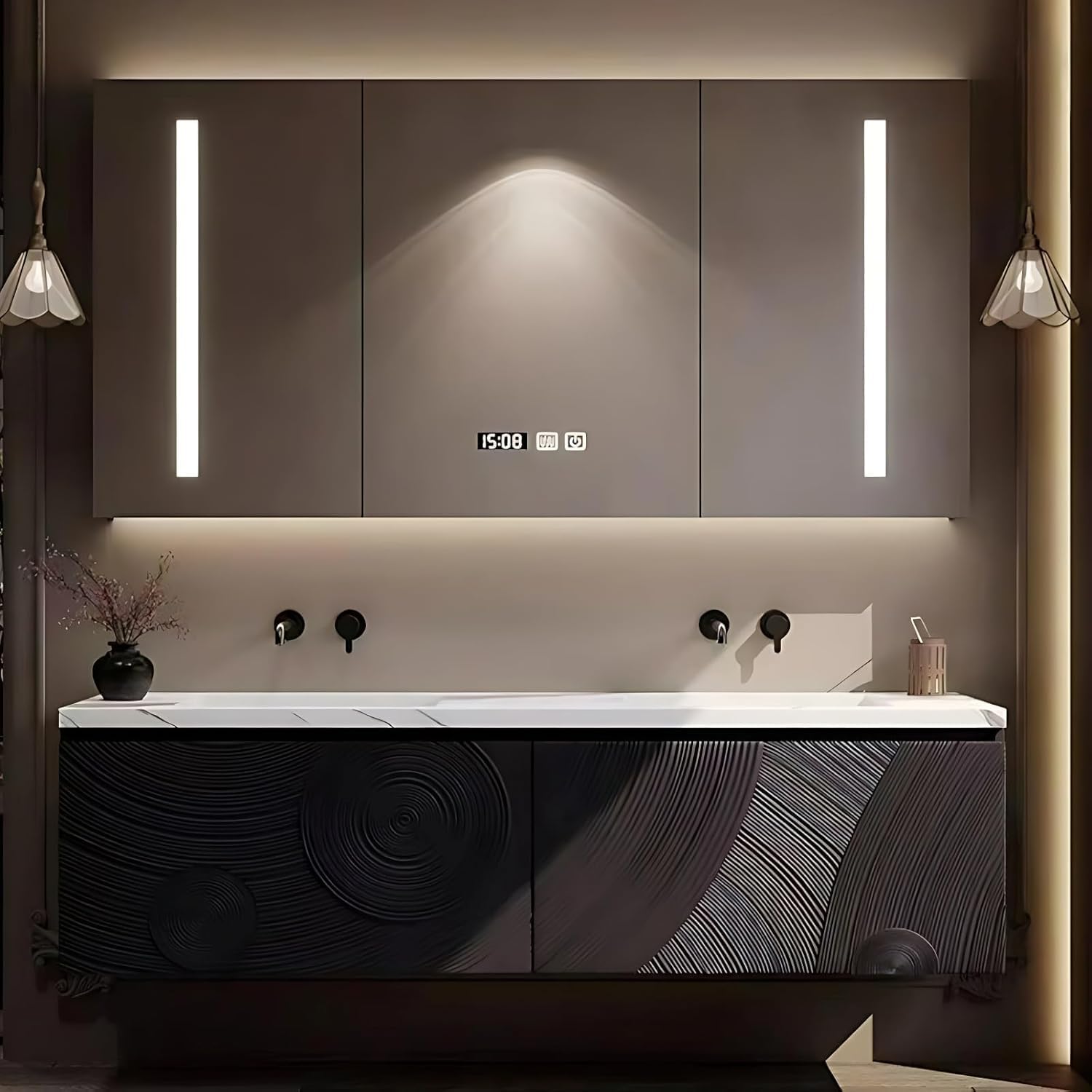 56IN Double Sink Bathroom Vanity - Wall-Mounted Bathroom Vanity with 2 Sinks & Exquisite Handles | Double Drawer Storage Space & Smart LED Mirror Cabinet, Brown