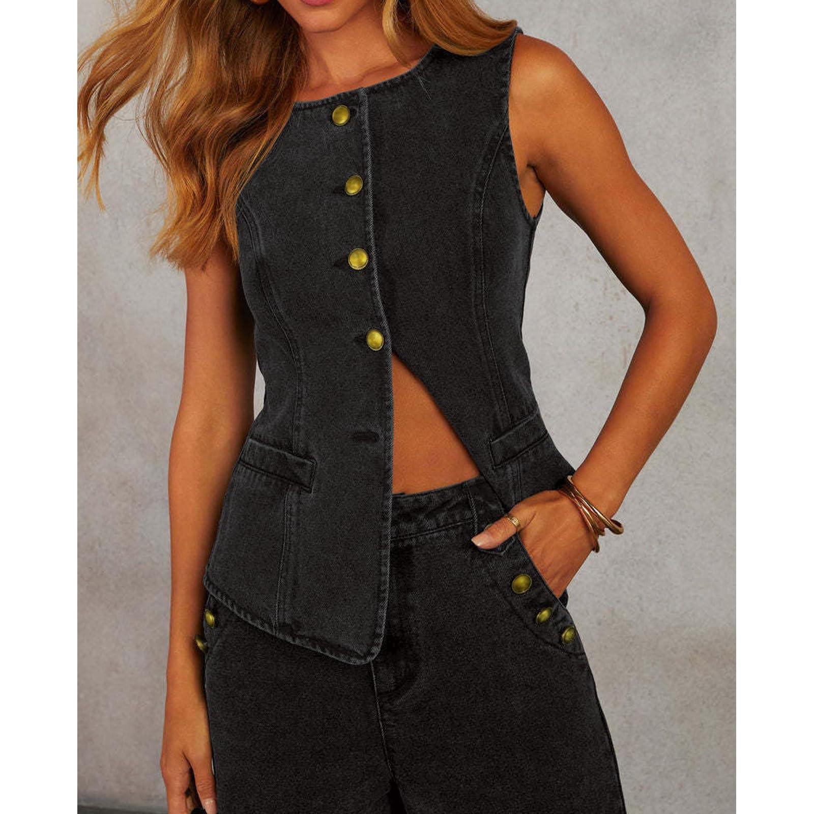 Completo in denim da donna, elegante, due pezzi, senza maniche, gilet e jeans con gamba larga, due pezzi, tinta unita, pantaloni larghi, pantaloni lunghi da festa, completo streetwear