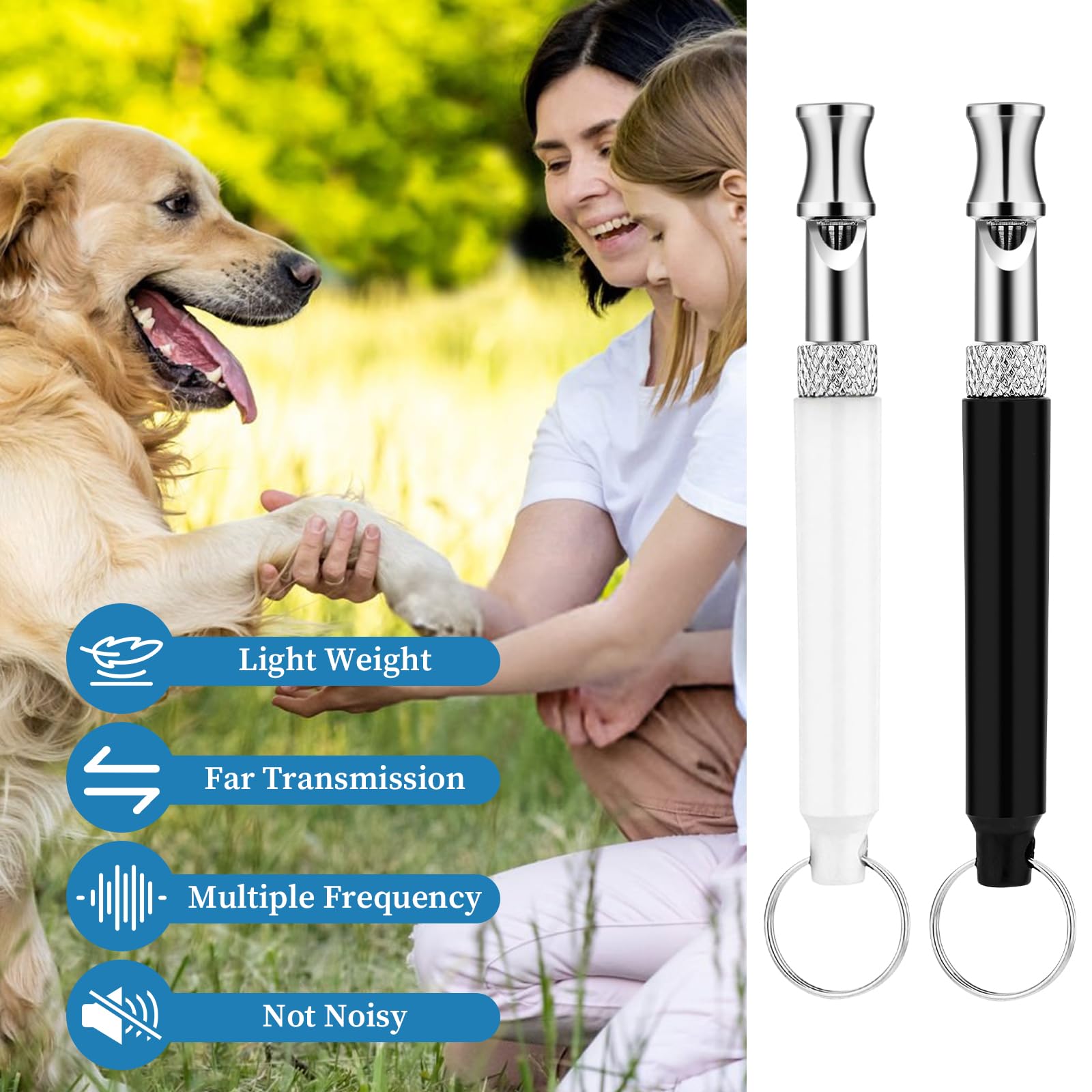 Lot de 2 sifflets professionnels pour arrêter les aboiements, sifflets professionnels de dressage de chiens avec cordon, outils de dressage à ultrasons réglables noir et blanc pour arrêter les