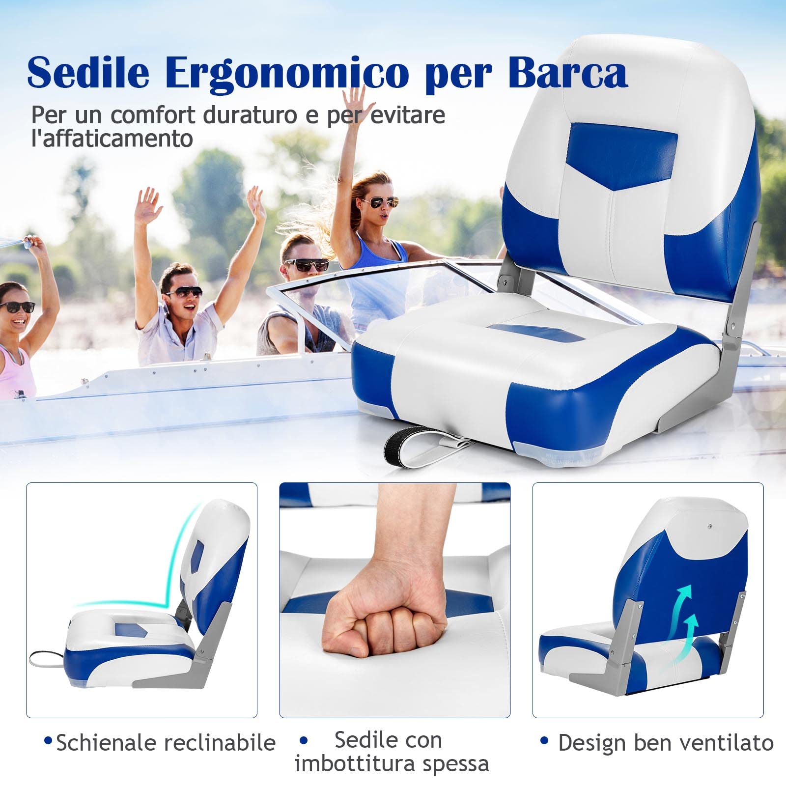 GYMAX Sedie per Barca, 2 Pezzi, Sedile Comodo di Schiuma, PVC e PP, Design Ergonomico e Pieghevole su Schienale e Sedile, Adatte all’Aperto, 50 x 52 x 42 cm (Blu)
