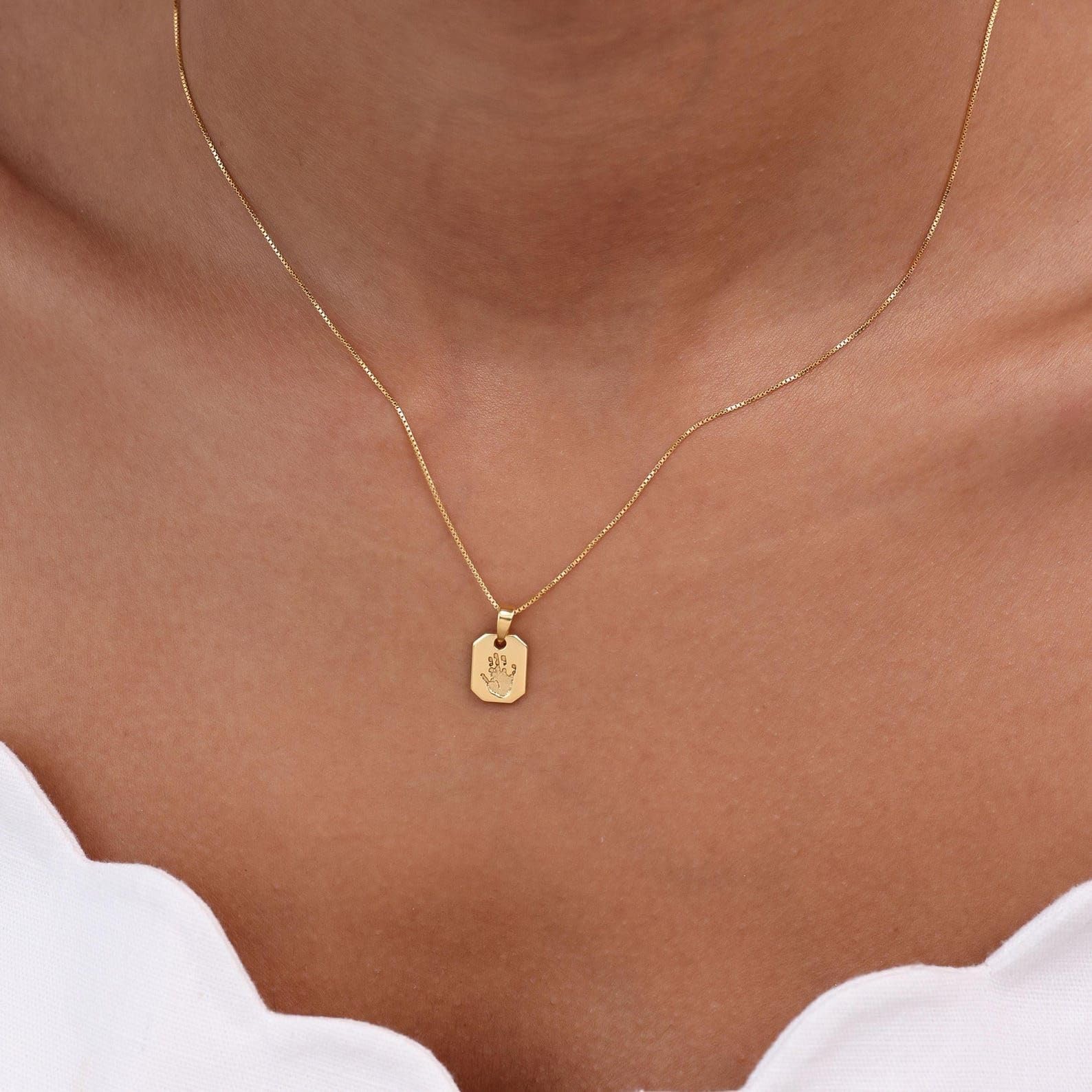 bebé huella de la mano huella del pie Collar plata de ley 925 Mini placa colgante Día de la Madre hechos a mano