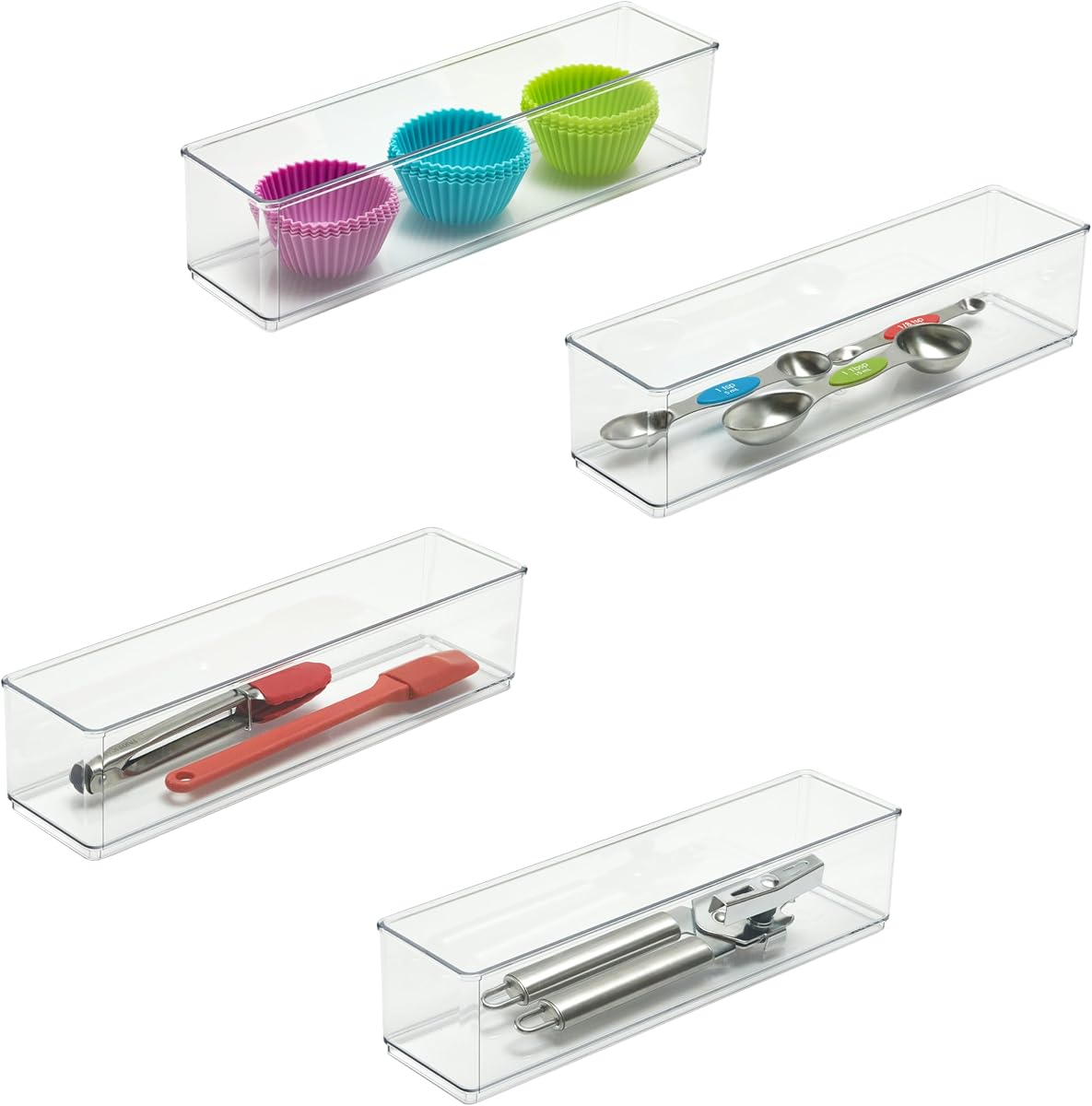 Organizador de cajones grandes y estrechos, 12 x 3 x 3, paquete de 4 | Apilable, resistente, resistente, fabricado en Estados Unidos.