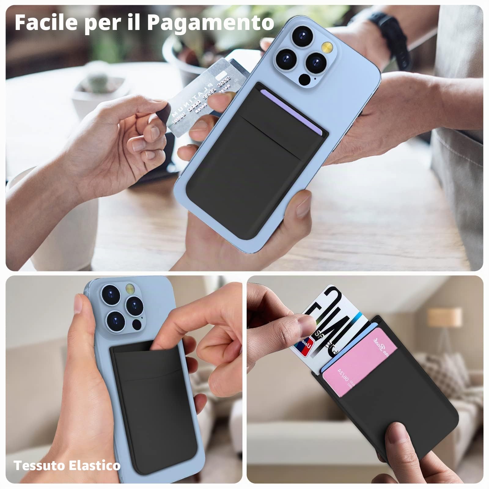 imluckies Portafoglio Magnetico Compatibile con MagSafe Wallet per iPhone 17 16 15 14 Pro Max Plus 12 13 Serie, [Fino a 5-7 Carte] Doppio Elastico in Tessuto Tasche Porta Carte, Nero
