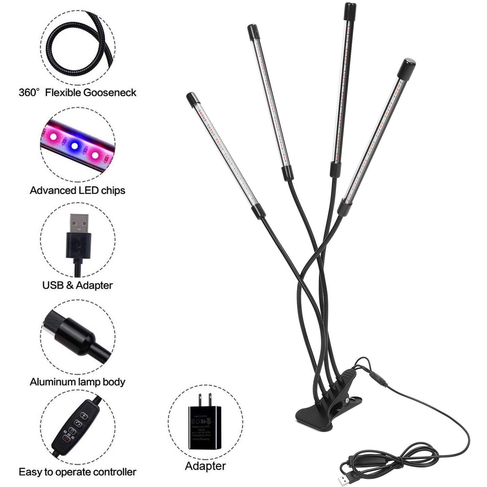 4 Head LED Timing Plant Grow Light con Abrazadera Full Spectrum Red Blue Felxible Grow Lamp