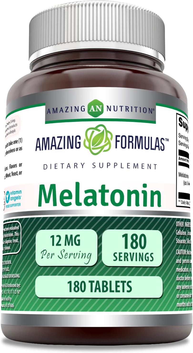 Amazing Formulas Melatonin Supplement | Unflavored | 12 Mg Per Serving | 180 Tablets | Non-GMO | Gluten-Free | Made in USA