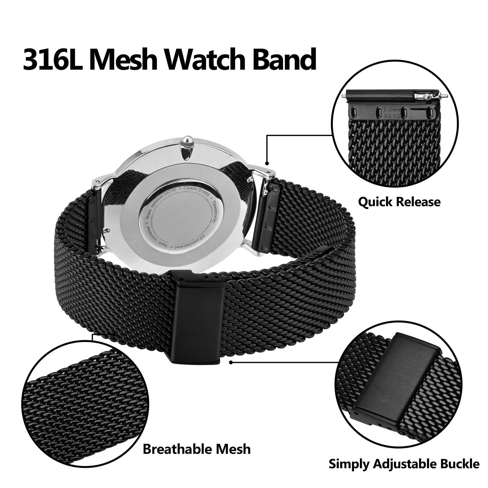 BISONSTRAP Metalowa bransoleta siatkowa do zegarka, dla kobiet i mężczyzn, pasek pleciony ze stali nierdzewnej 316L, szerokość 14 mm, 16 mm, 18 mm, 20 mm, 22 mm
