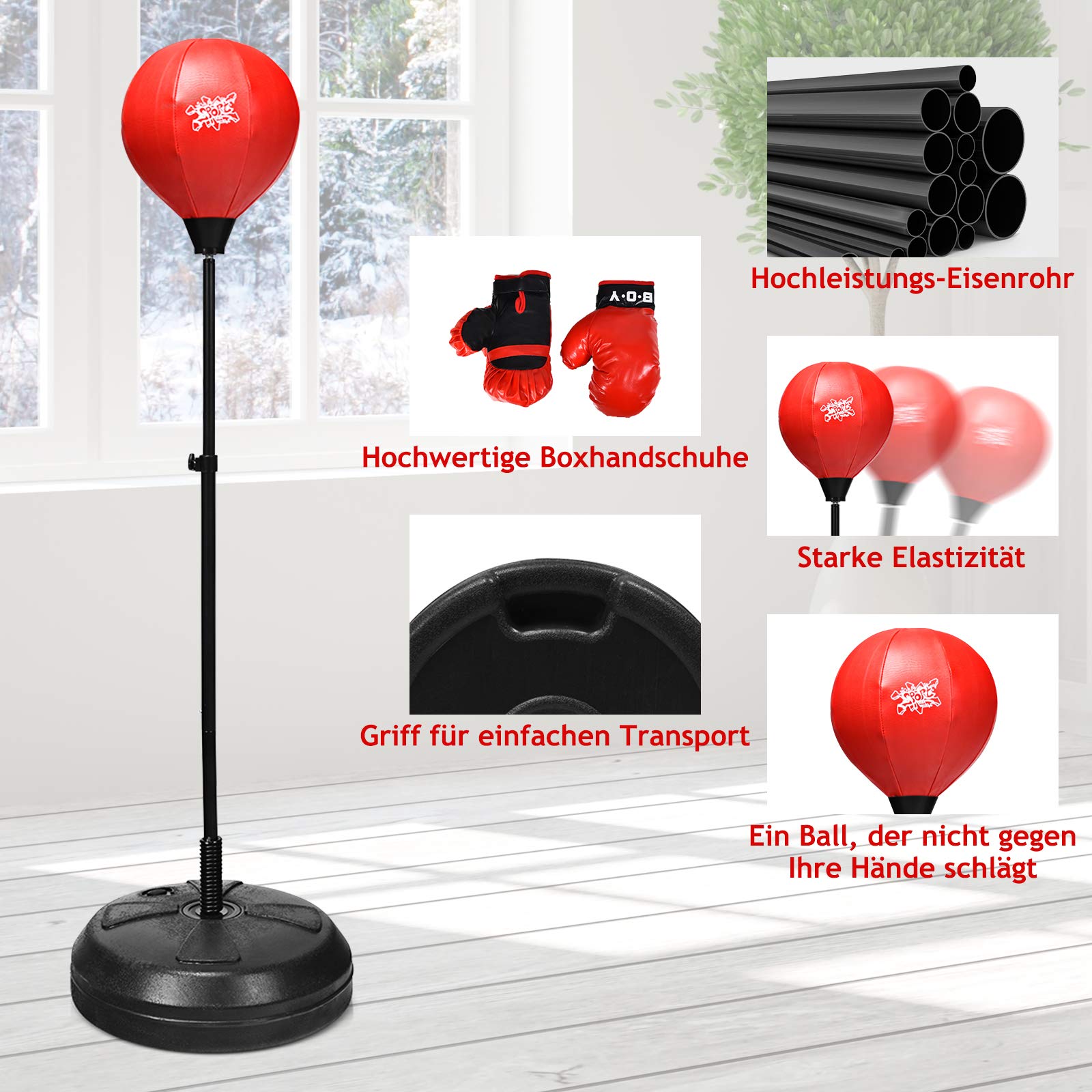 RELAX4LIFE Punchingball, aufblasbarer Boxball mit Boxhandschuhen & Luftpumpe, höhenverstellbarer Standboxball: 120-154 cm, Boxsack Set für Kinder & Jugendliche & Erwachsene, Box Set freistehend, rot