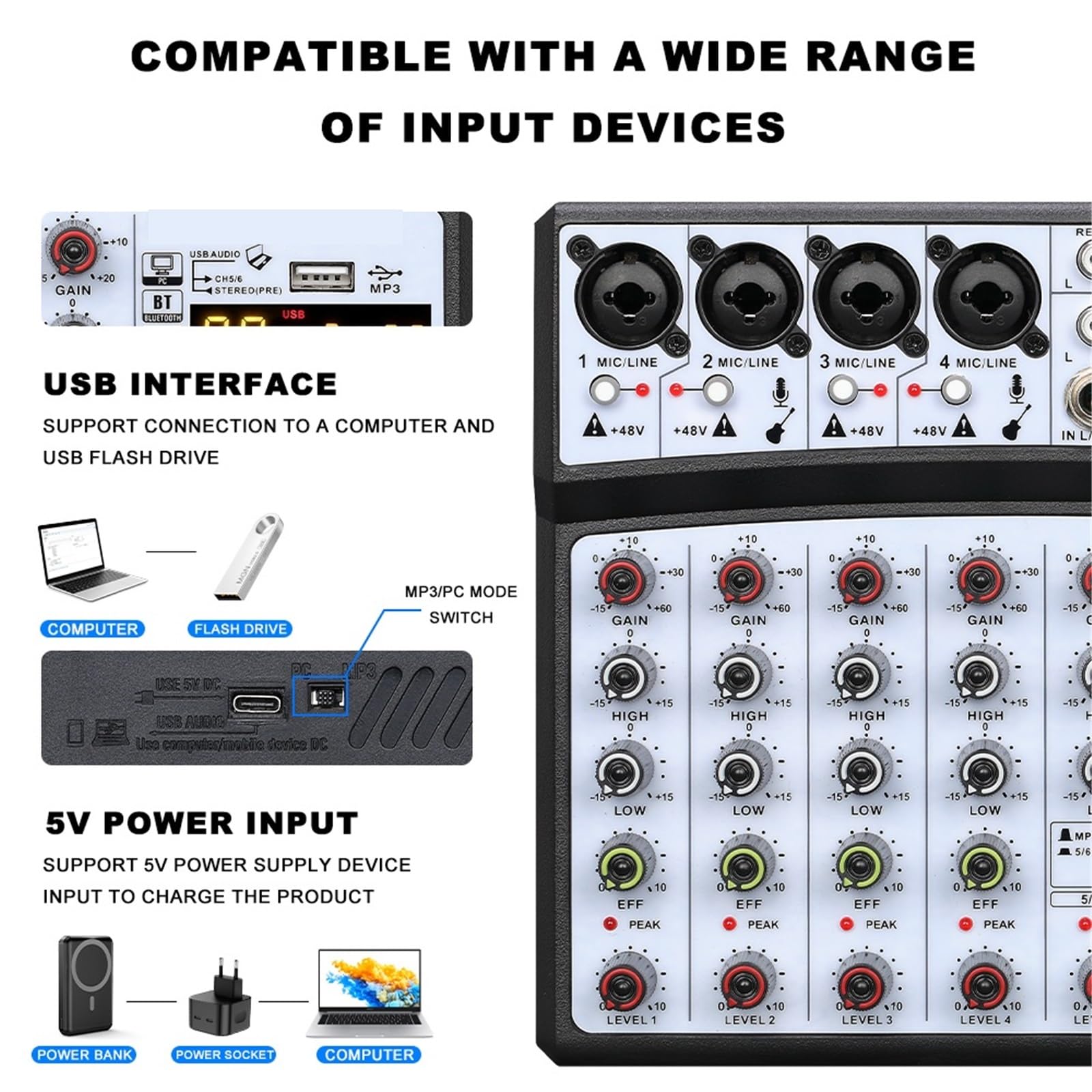 Kontroler DJ-ski, Profesjonalny 4-kanałowy Mikser 99DSP, Konsola Miksująca Do Nagrywania BT Z Interfejsem USB, Karta Dźwiękowa 48 V, PC, Nagrywanie MP3 DJ