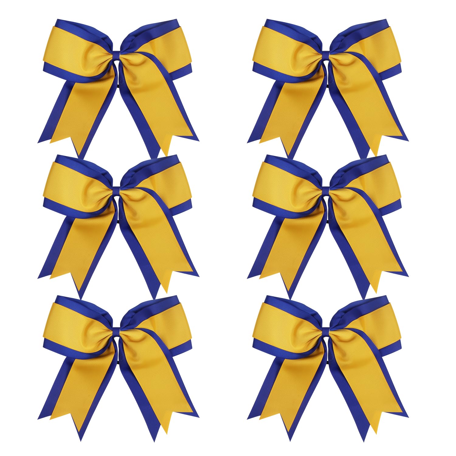 8 Inch 2 Colors Cheerleader Bows 2 Layers 6 Pcs Ponytail Holder Cheerleading Bows Hair Elastic Hair Tie (Royal blue/Gold)