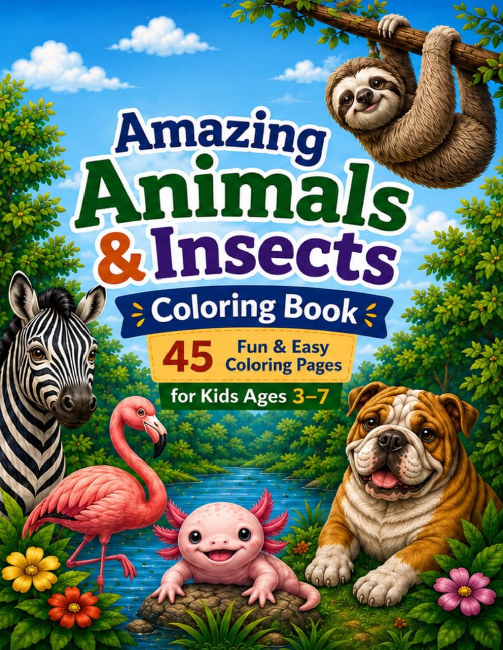 Amazing Animals & Insects Coloring Book: 45 Fun & Easy Coloring Pages for Kids Ages 3–7