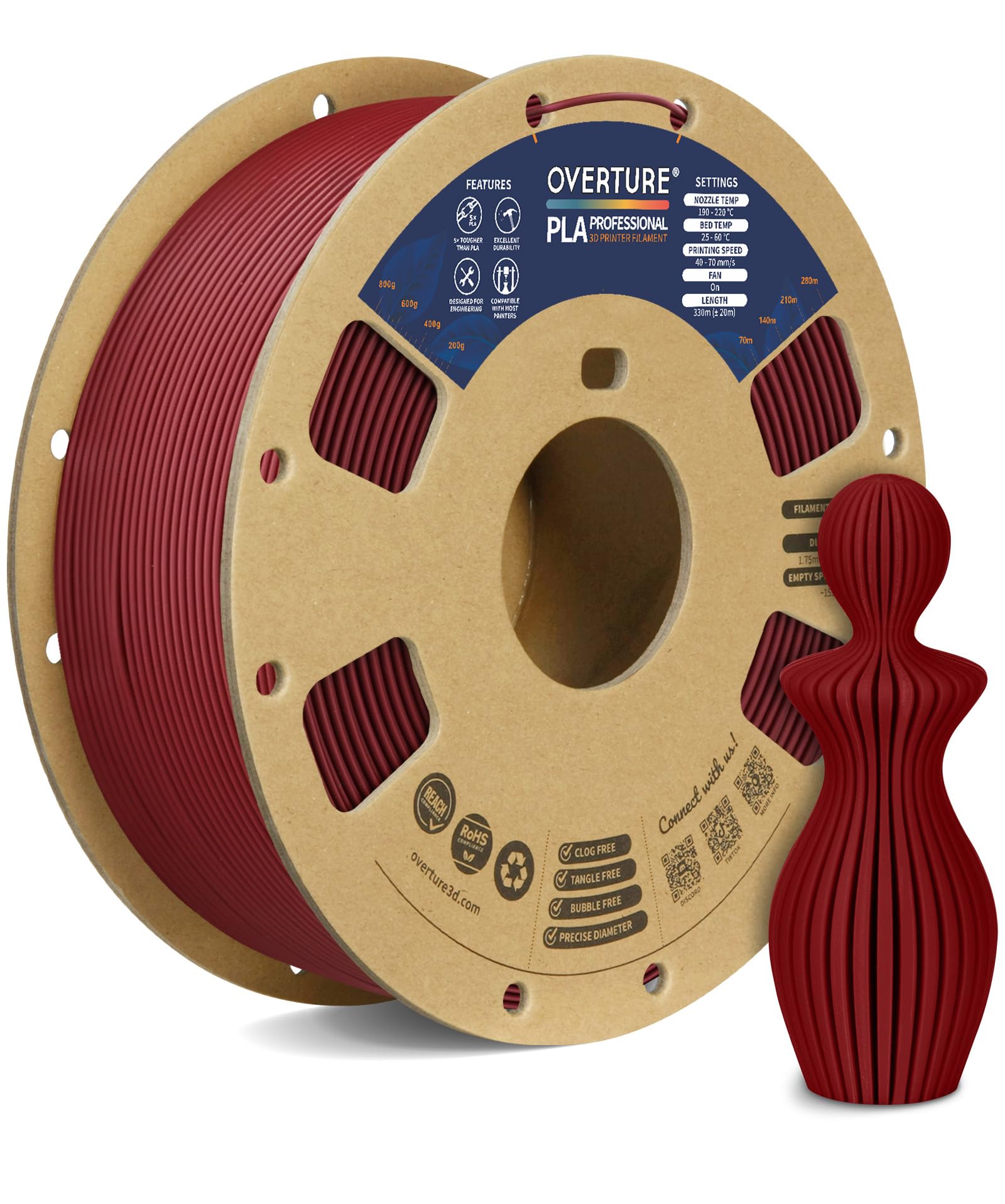 OVERTURE PLA+ Filamento 1.75mm, Toughness Enhanced PLA Roll, Professionale PLA Tenacia, 1kg Filamento(2.2lbs), Precisione Dimensionale 99% Probabilità +/- 0.02 mm (Vino)