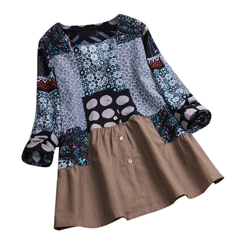 Funic BlouseFunic Women Spring Long Sleeve Plus Size Peasant Style Blouse Vintage Floral Print Patchwork Splicing Tops Loose Shirt
