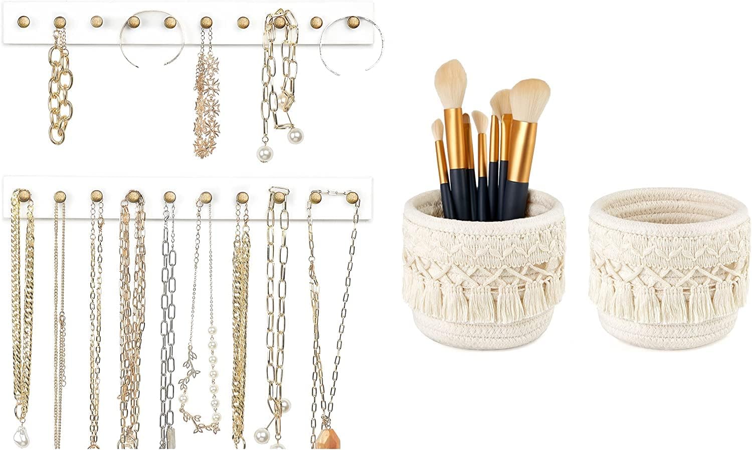 Mkono Set of 4, Necklace Holder Wall Mounted and Makeup Brush Holder Organizer Mini Woven Baskets