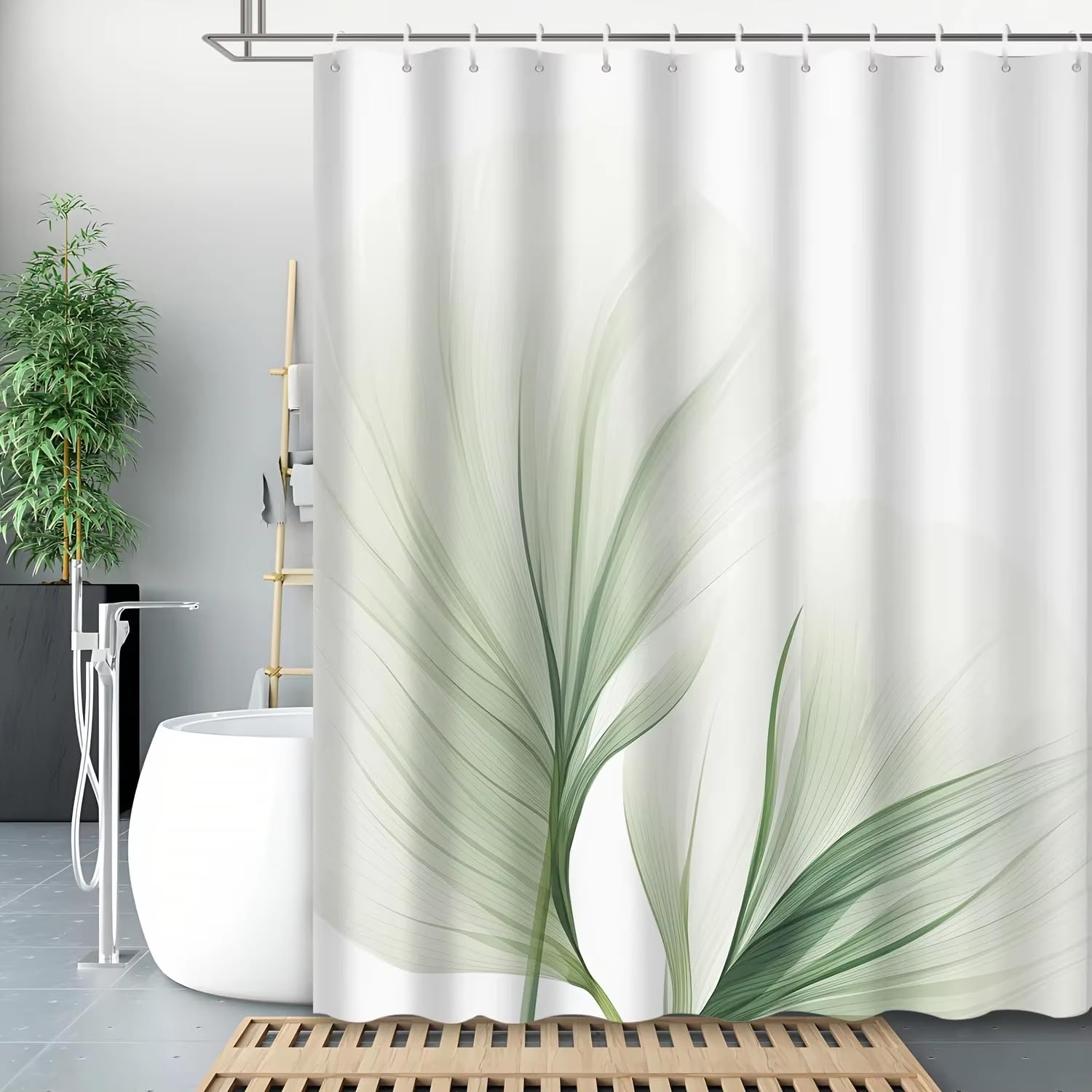 Tenda da doccia impermeabile con foglie di bambù verde,tenda da doccia in cotone con stampa floreale botanica per bagno spa moderno (160x200 cm/63x78 pollici (LxA)