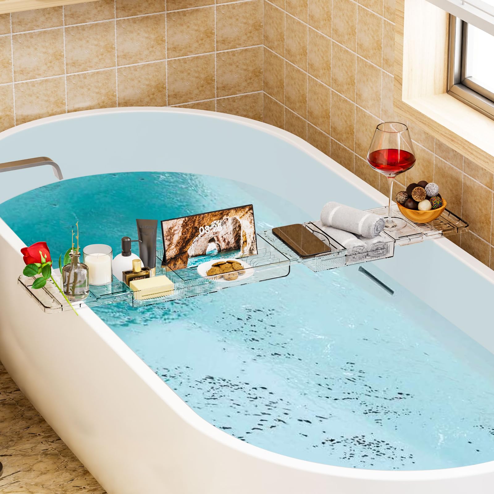 Vassoio per Vasca da Bagno Allungabile in Plastica Trasparente 80-120cm - Mensola con Porta Libro, iPad, Candela - Accessori Relax