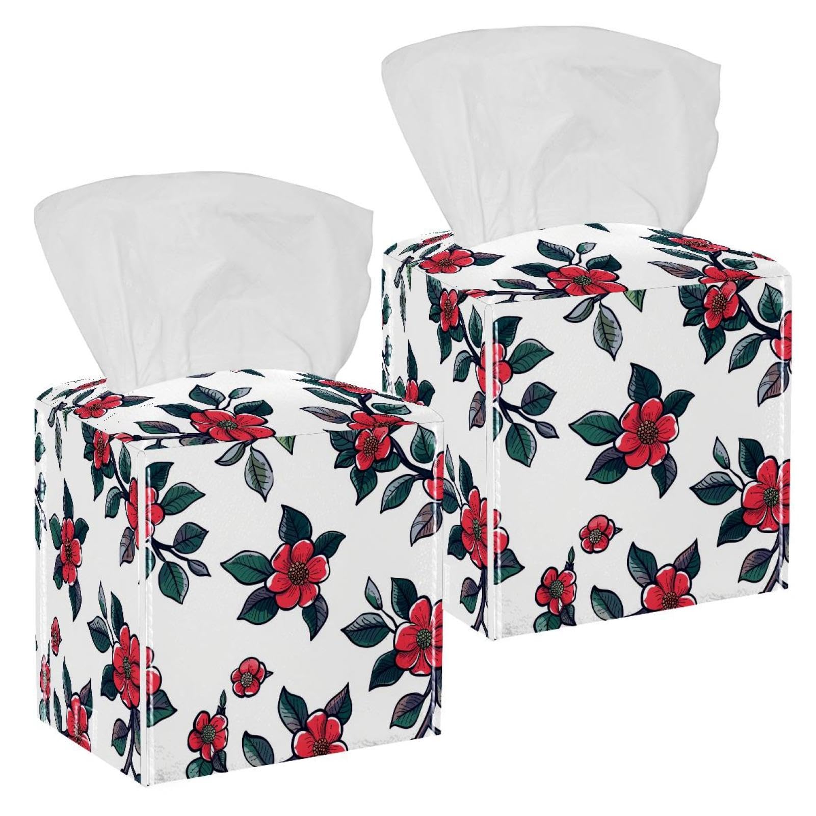 Camellia Pattern Tissue Box Cover, 2 Pack PU Leather Square Facial Tissue Dispenser Box holder for Home Office Car