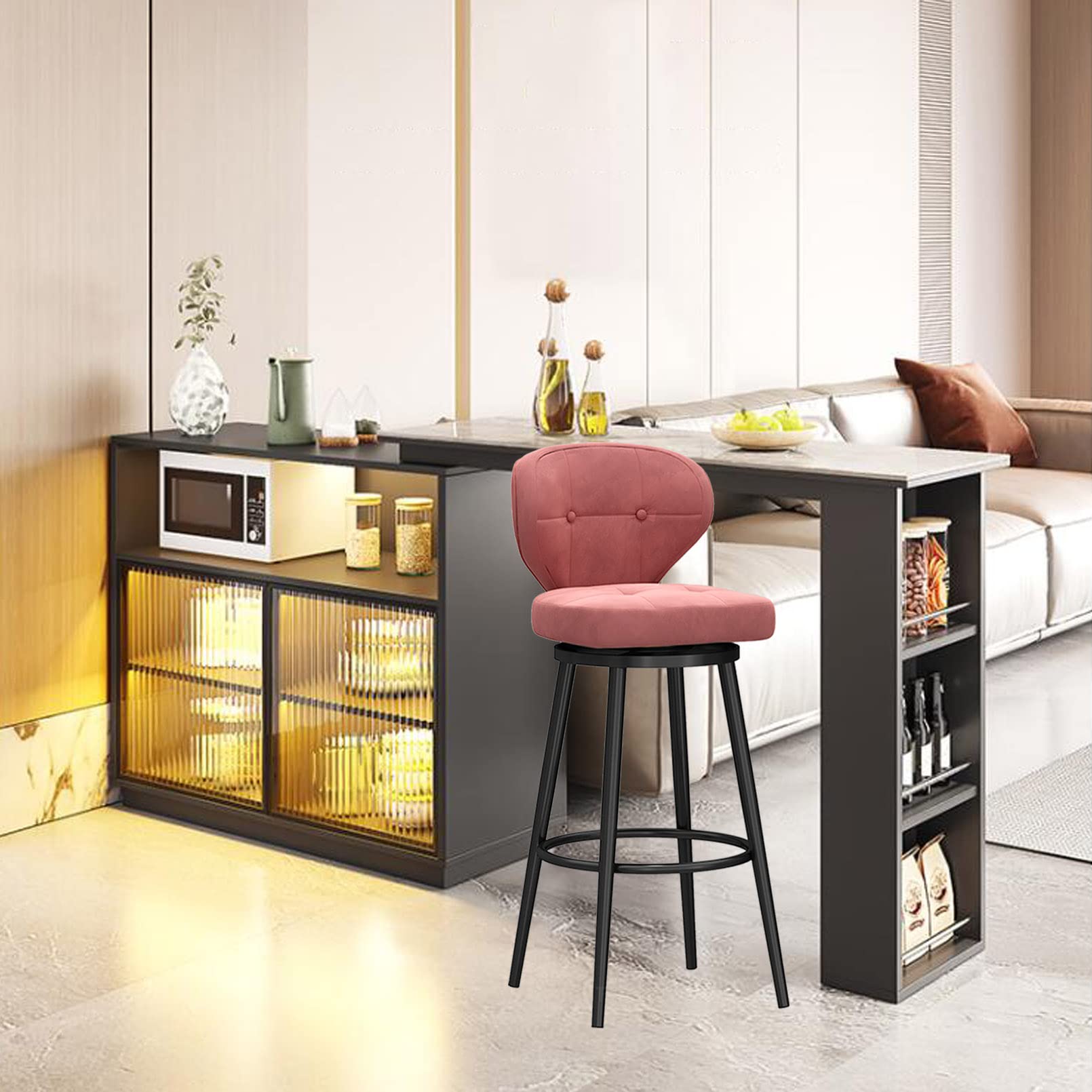 LUUYYI Moderno sgabello da bar girevole in velluto bianco con schienale basso e gambe in metallo nero, altezza da banco, sedia da cucina per la colazione a casa, set da 1 (rosa, 1 pezzo)