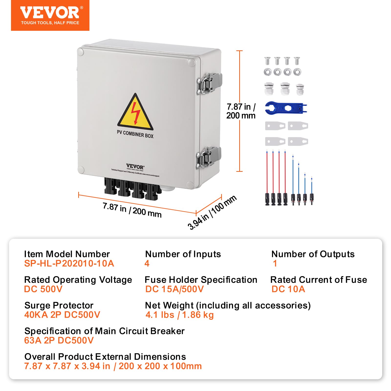 VEVOR PV-Combiner-Box, 4-String, Solar-Combiner-Box mit 10 A Nennstromsicherung, 63 A Leistungsschalter, Blitzableiter und Solaranschluss, ABS-Kunststoffgehäuse für On-/Off-Grid-Solarpanelsystem, IP65