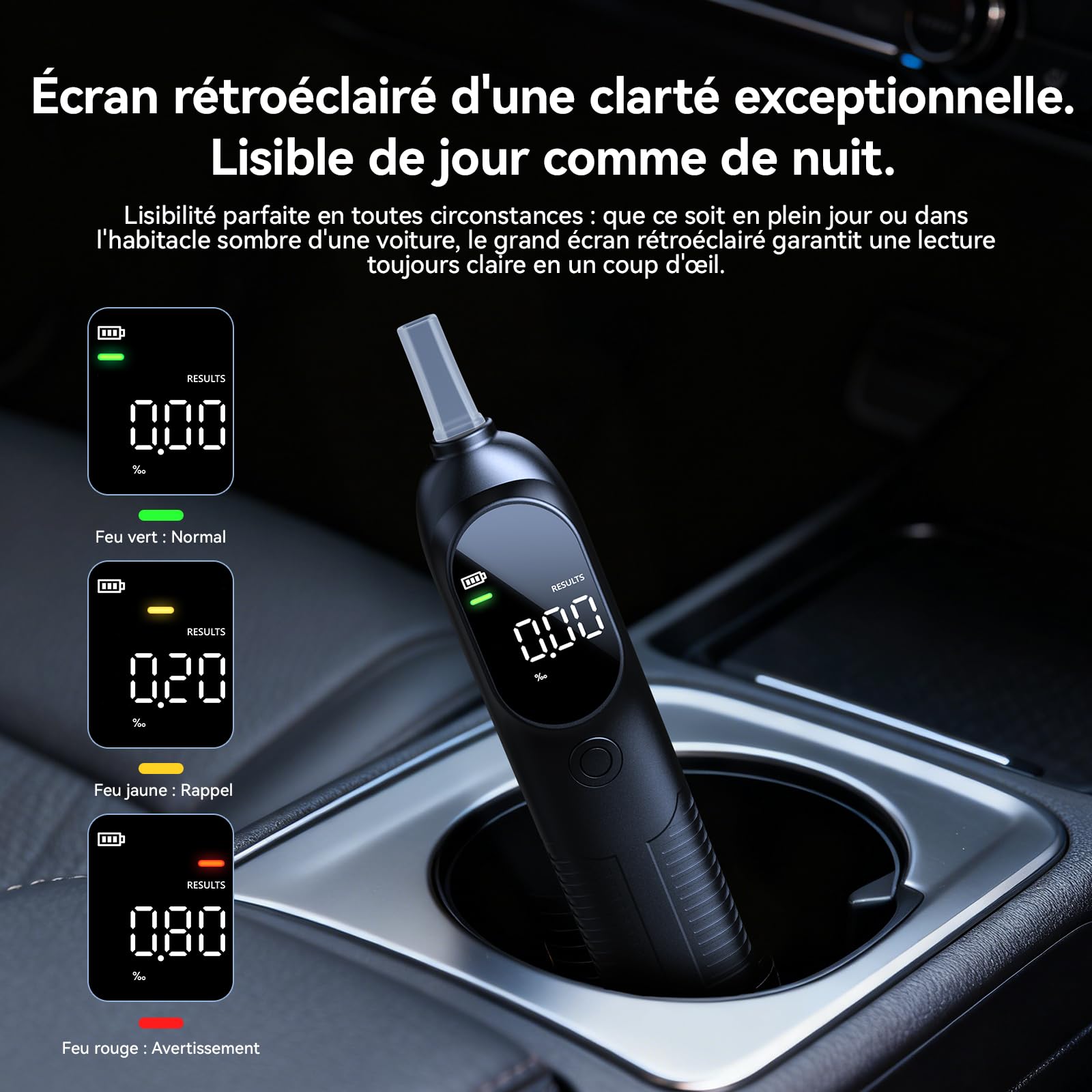 ZBK Éthylotest Professionnel - Testeur d'alcoolémie Personnel Haute précision, avec capteur Intelligent et écran rétroéclairé, analyseur d'haleine Portable