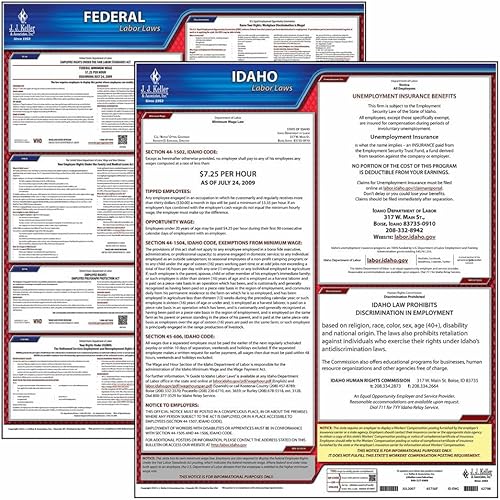 Juego de carteles de la ley laboral federal y de Idaho 2024 (inglés, estado de identificación) - Pósteres laminados que cumplen con la OSHA