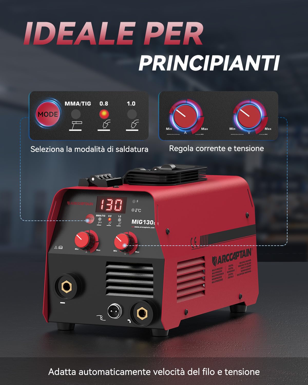 Saldatrice ARCCAPTAIN MIG 130A, 3 in 1 230V, MIG/FLUX Core/Lift TIG/Elettrodo, Saldatrice Portatile Inverter IGBT con Controllo Sinergico e Filo Animato da 0,45KG
