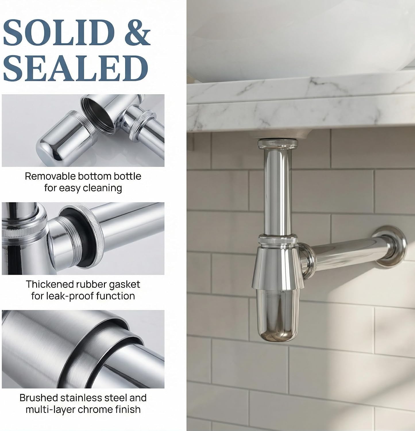 Round Bottle P-Trap, 1-1/4 Inch Adjustable Basin Sink Waste Drain Kit, Universal Anti-Odor Leakproof Lavatory Drain Pipe for Bathroom Countertop Wash Basin, Polished Chrome