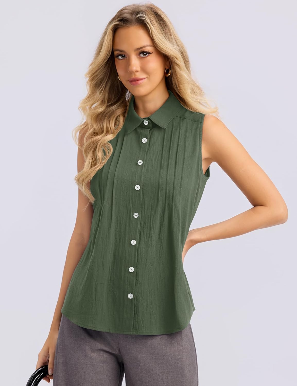 LOMON Women’s Summer Sleeveless Button Down Shirt Office Collared Blouses with Pleated Front Casual Basic Tank Tops - Image 4