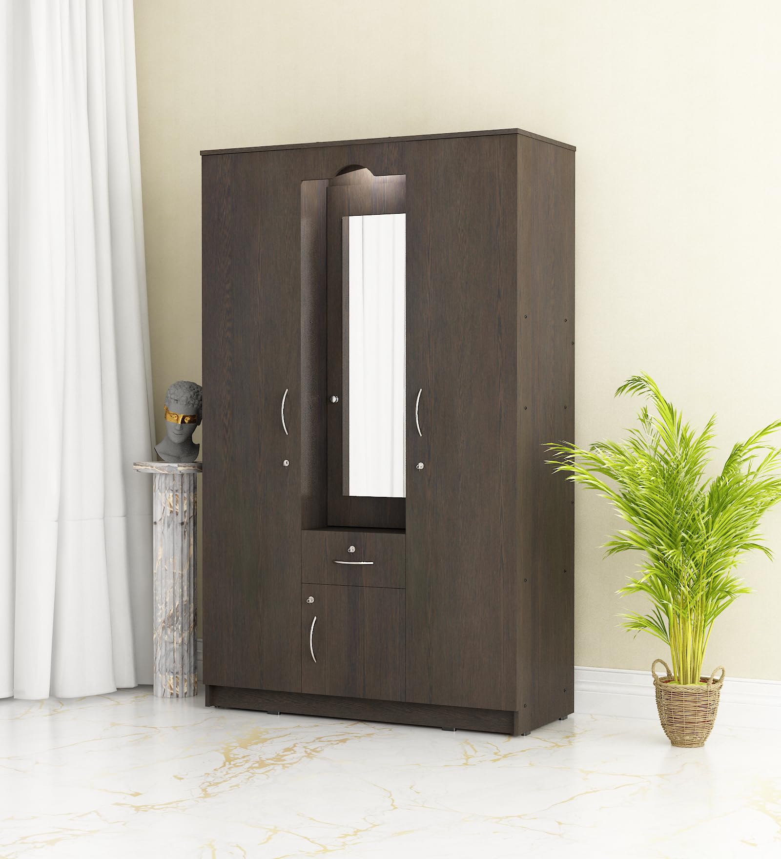 REDIM 3 Door Wardrobe | Engineered Wood Wardrobe with Dressing Table | 12 Shelves | Dark Wenge | Knock Down-image-23
