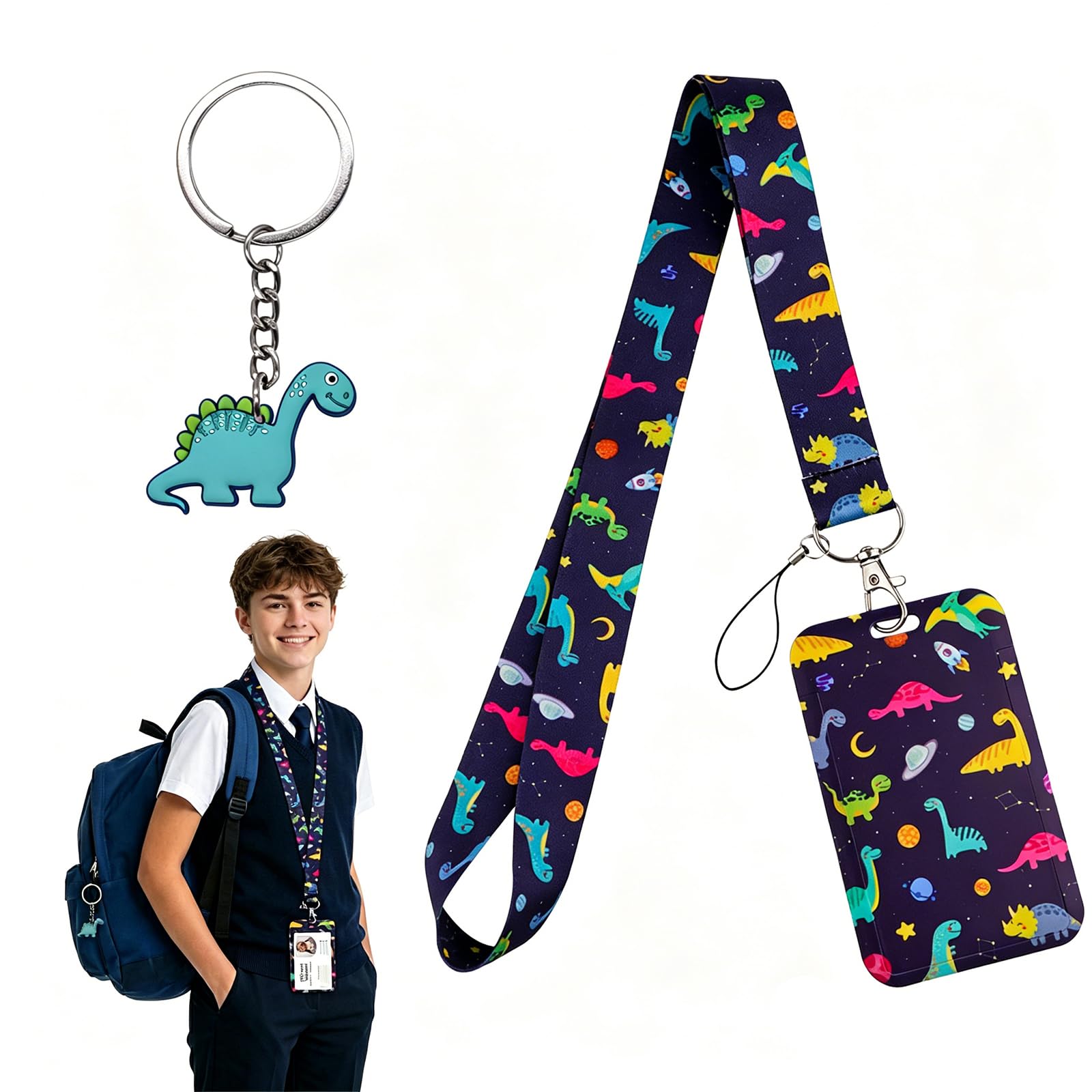 Lanyard with Card Holder, Cute Lanyard Card Holder Plastic ID Card Holders for School Bus, with a Keyring (Dinosaur) — image 1