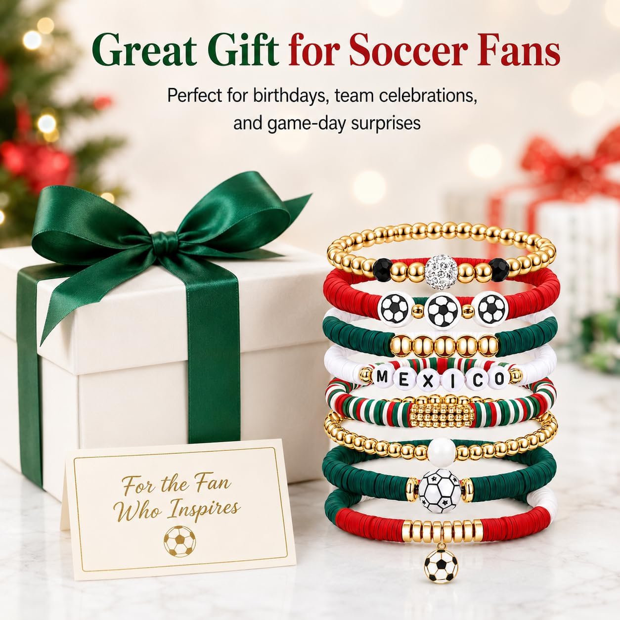 LIU JUN 2026 World Cup Soccer Bracelet Set For Women Men, USA Red White Blue Stretch Acrylic Beaded Game Day Fans Bracelets Fashionable Stackable Patriotic Team Party Gift Jewelry (ESP)