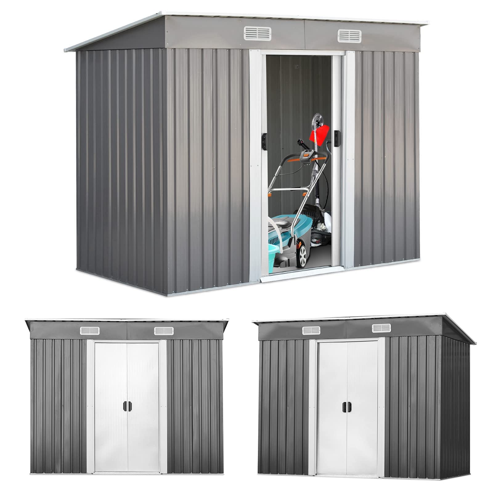 RELAX4LIFE Casetta da Giardino 3,12 m² 5 m³, in Lamiera d'Acciaio e e Lamiera Zincata con2 Porte Scorrevoli, Tetto Inclinato, per Porta Attrezzi, Tosaerba 238×131×160cm