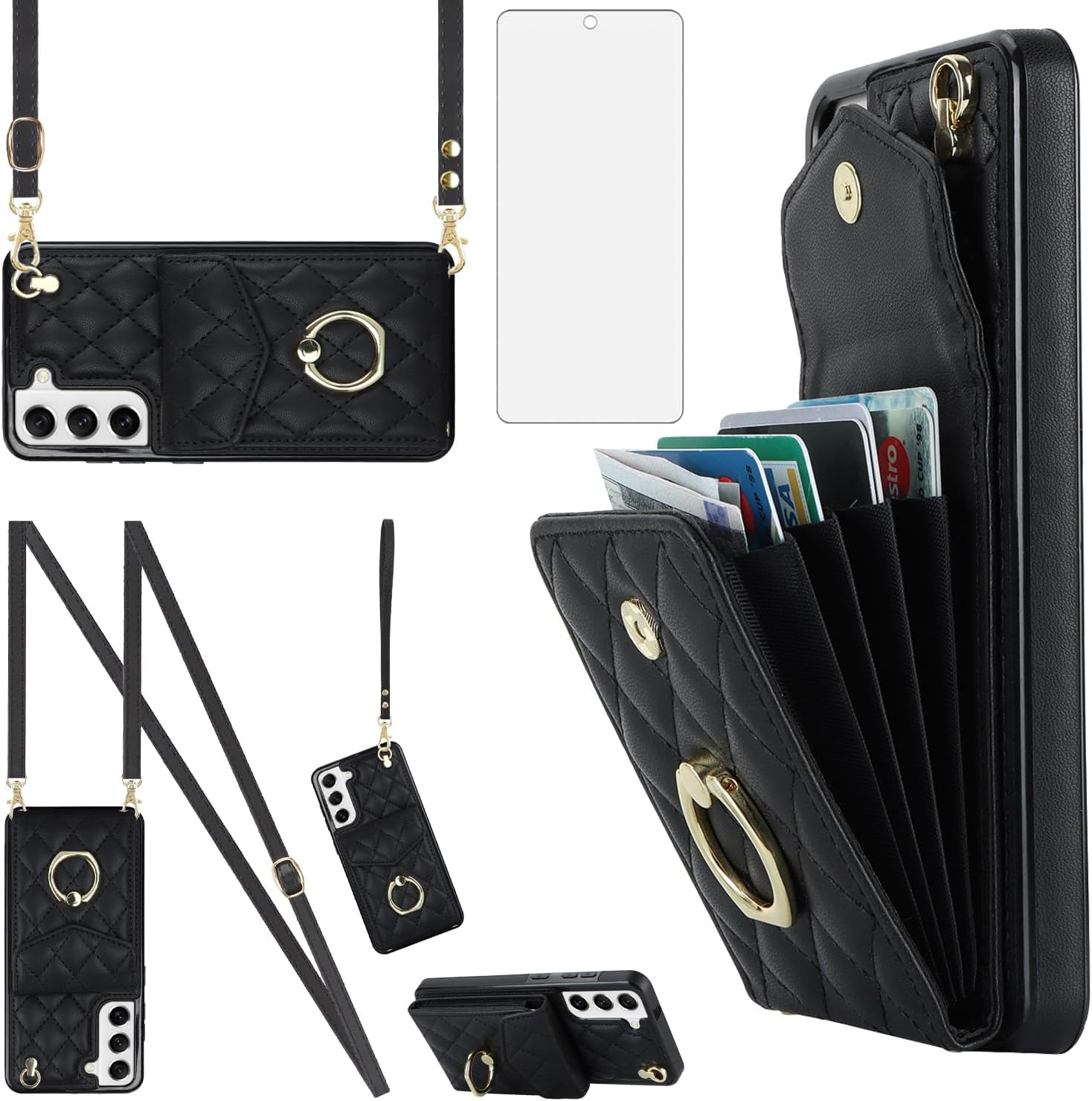 Asuwish Phone Case for Samsung Galaxy S21 FE 5G Wallet Cover with Tempered Glass Screen Protector and Crossbody Ring RFID Blocking Card Holder Cell S 21 EF S21FE5G UW S21FE 21S G5 6.4 inch Women Black