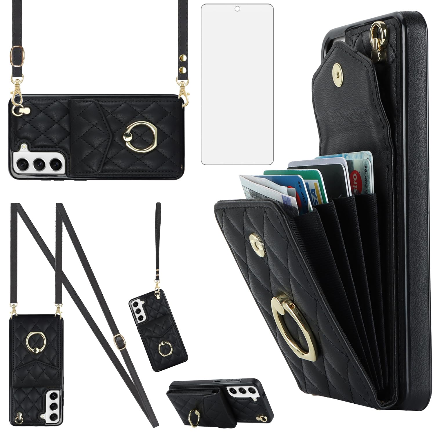 Asuwish Phone Case for Samsung Galaxy S21 FE 5G Wallet Cover with Tempered Glass Screen Protector and Crossbody Ring RFID Blocking Card Holder Cell S