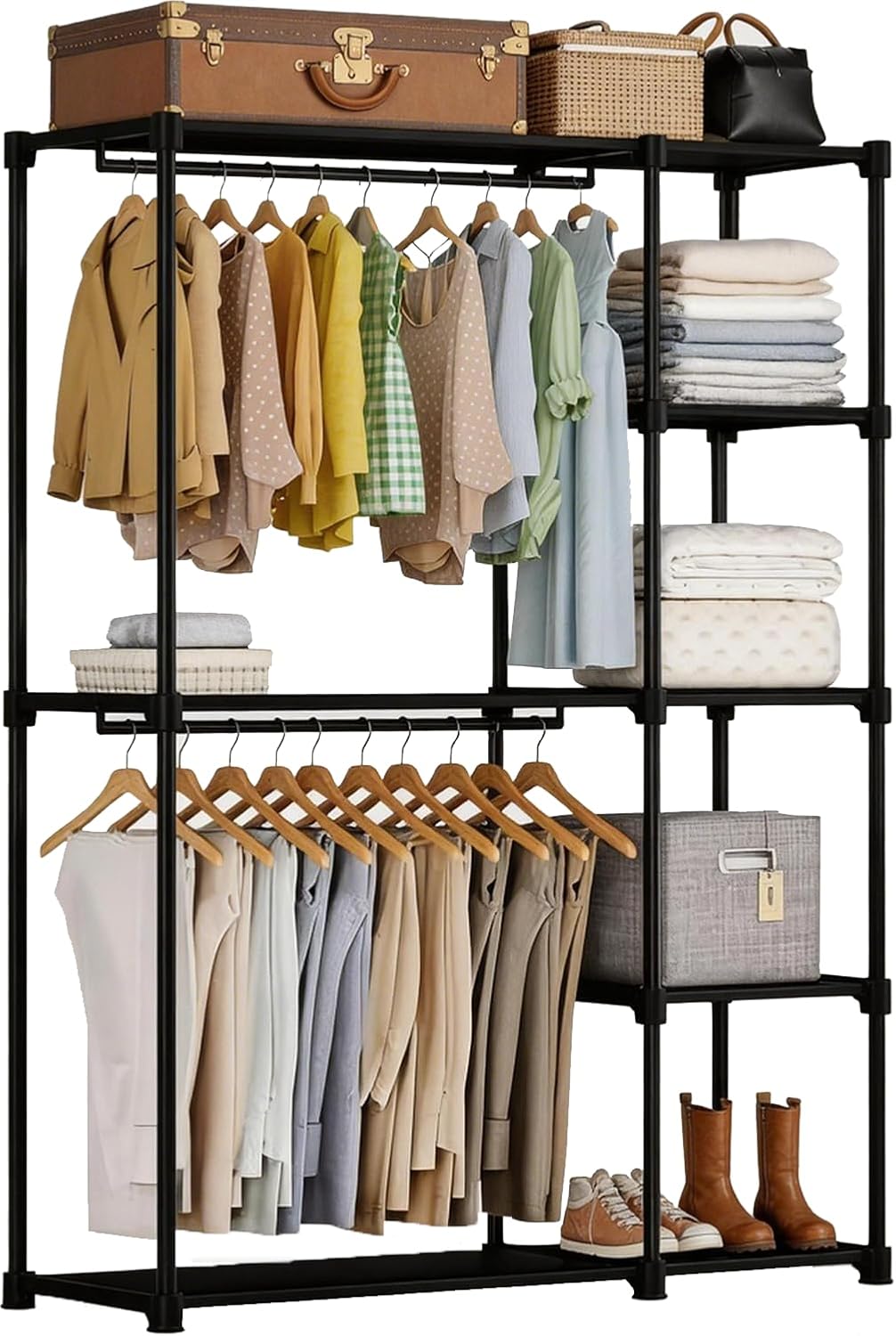 Simple Deluxe Rolling Clothes Rack, Heavy Duty Clothing Rack, 4-Shelf Portable Adjustable Wardrobe Closet with Wheels, Hanging Rods, 43.8" W x 15.7" D x 64.9" H, Black