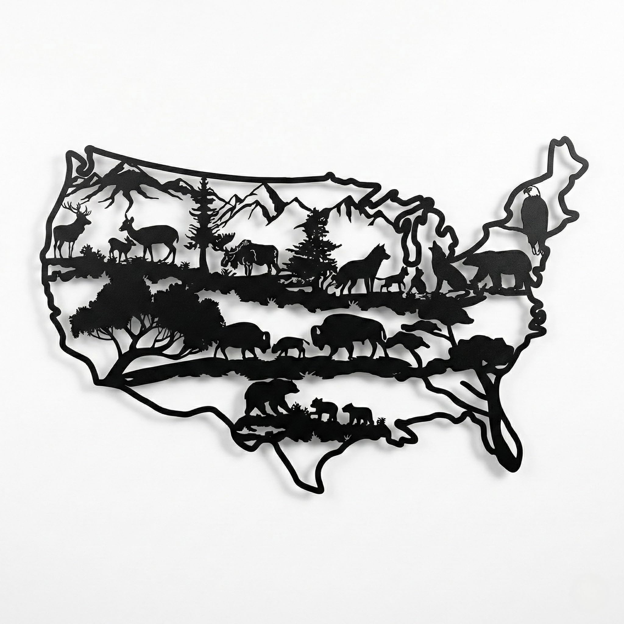 Decorazione da parete in metallo, con motivo "Us Wildlife", decorazione per la casa, soggiorno, decorazione da parete, decorazione per interni ed esterni (118 x 77 cm)