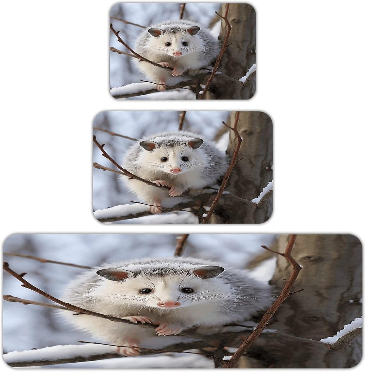 Opossum in Snow Kitchen Rugs Sets of 3 Non Slip Kitchen Mats for Floor Farmhouse Kitchen Sink Mat Thick Comfort Standing Mat for Laundry Room Hallway Bathroom