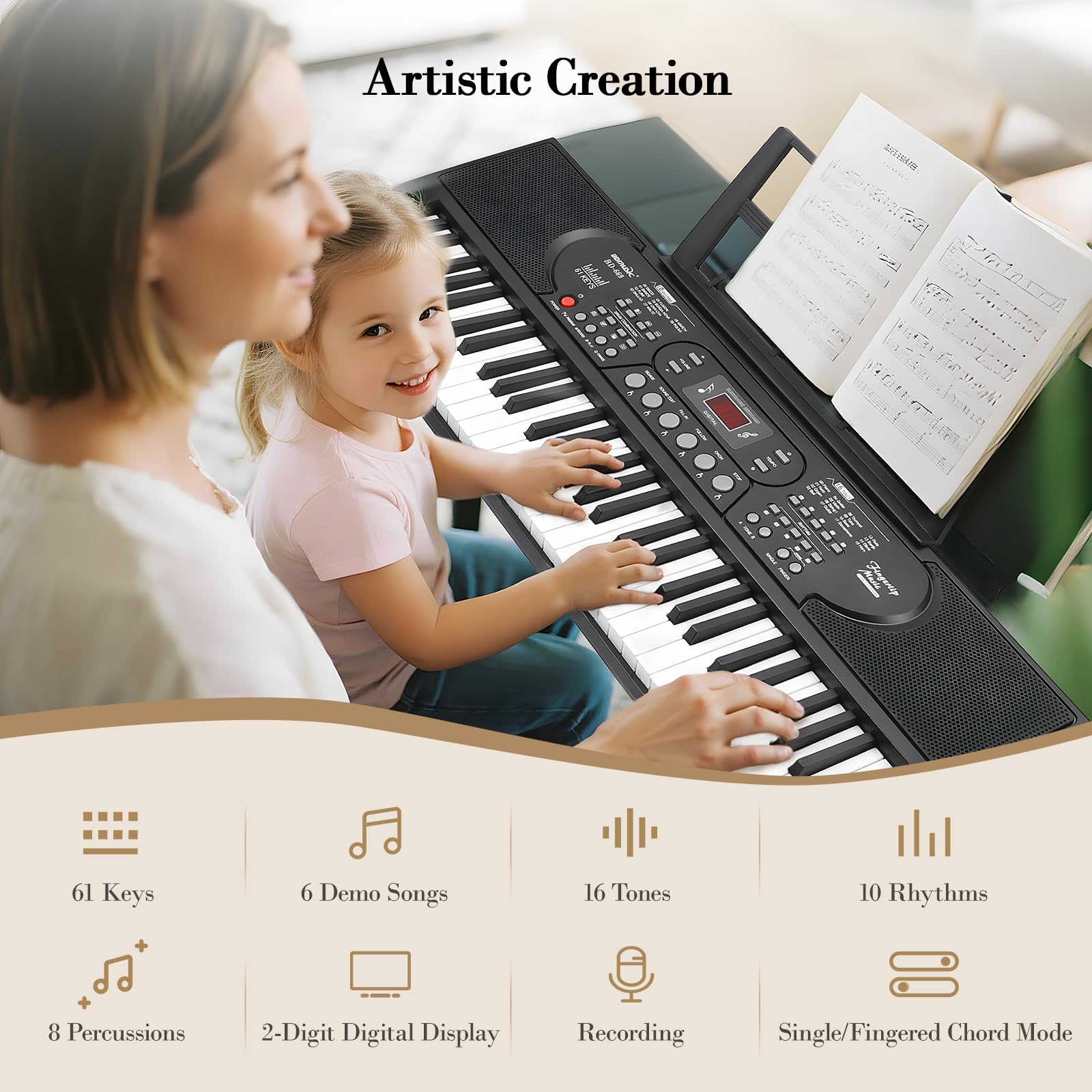 Pianola Elettrico 61 Tasti, Portatile Tastiera Pianoforte Digitale con Doppio Alimentatore, Leggio per Spartiti, Adesivi per Note Pianoforte, Microfono Cuffie, Tastiera Musicale per Principianti