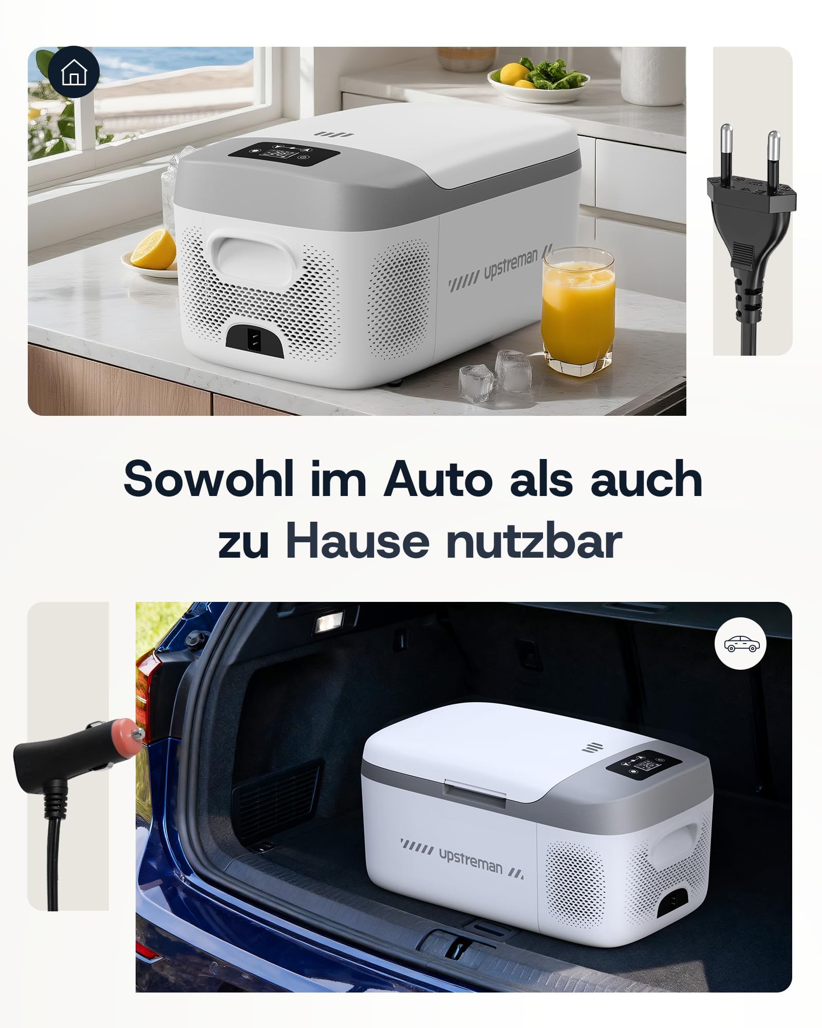 Upstreman Kompakte 15L Elektrische Kühlbox mit Kühl- & Gefrierfunktion - Leistungsstarker Kompressor, inkl. 12V/230V Adaptern für Auto & Zuhause，Weiß-AR18