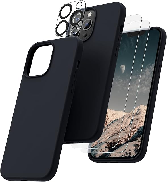 OIIAEE [5-in-1 Designed for iPhone 13 Pro Max Case 6.7", with 2 x Screen Protector & 2 x Camera Protector, Soft Liquid Silicone Gel Rubber Slim Shockproof Cover with Microfiber Lining, Black