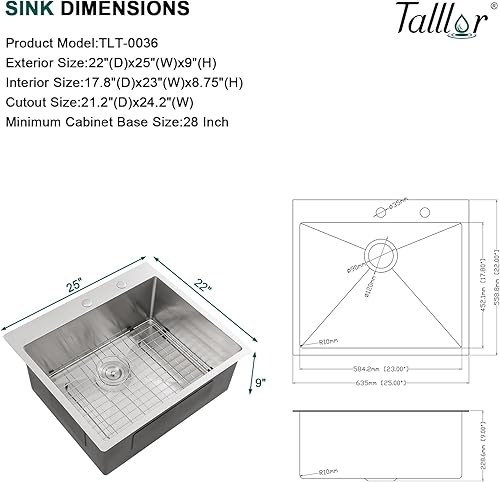 Miniatura 4 de Talllor - Fregadero de cocina con 25 lavabo de acero inoxidable para montaje superior, hecho a mano, grande, profundo, calibre 16, 25 x 22 x 9
