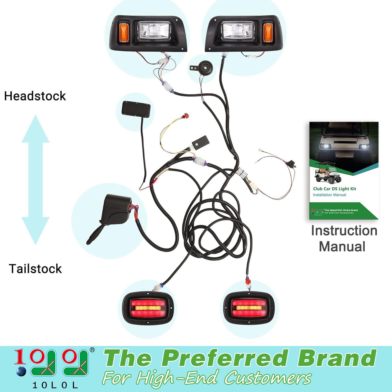 10L0L Golf Cart Light Kit(12V/36v/48V) for Club Car DS with Daytime Running Light Low-beam/High-beam With Turn Signals and Brake Lights