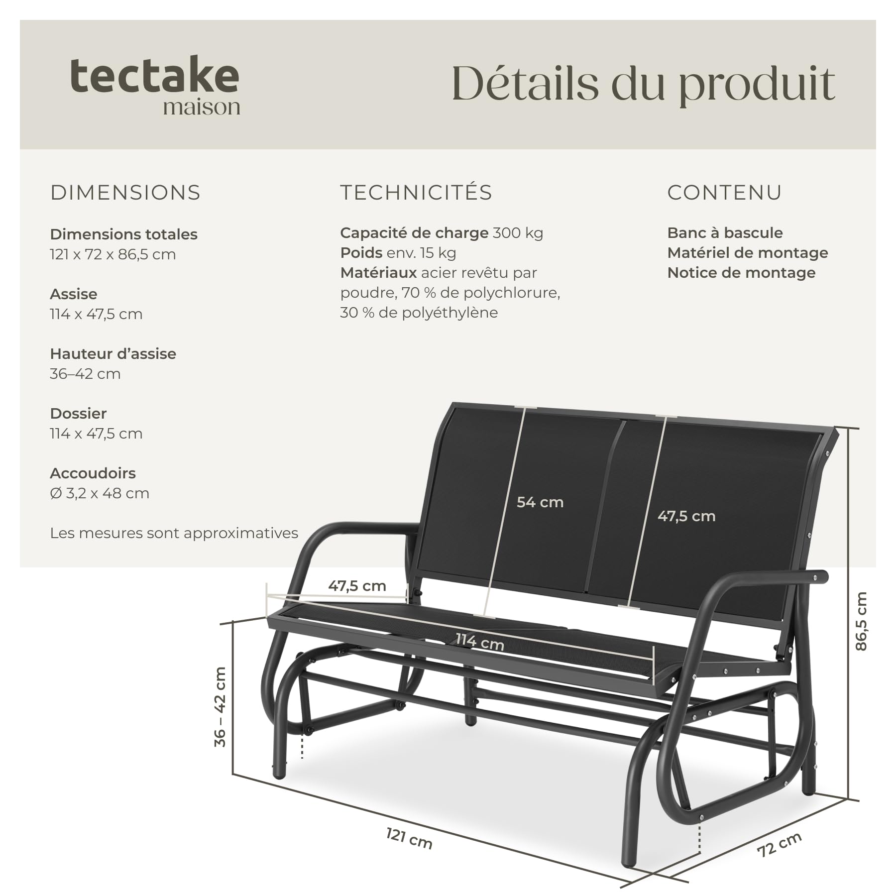 tectake® Banc de Jardin à Bascule 2 Places Solide en Acier lâqué époxy Noir, Balancelle Banquette de Jardin Résistant aux intempéries, Mobilier Amenagement Balcon Terrasse Veranda Pergola