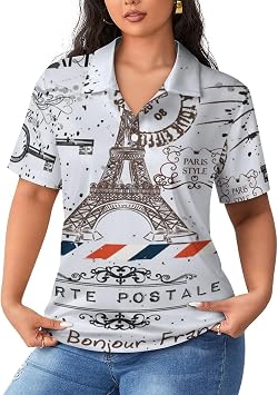 Paris Eiffel Tower Vintage Womens Polo Shirts Short Sleeve Golf T-Shirts Casual Work Blouses Tops S