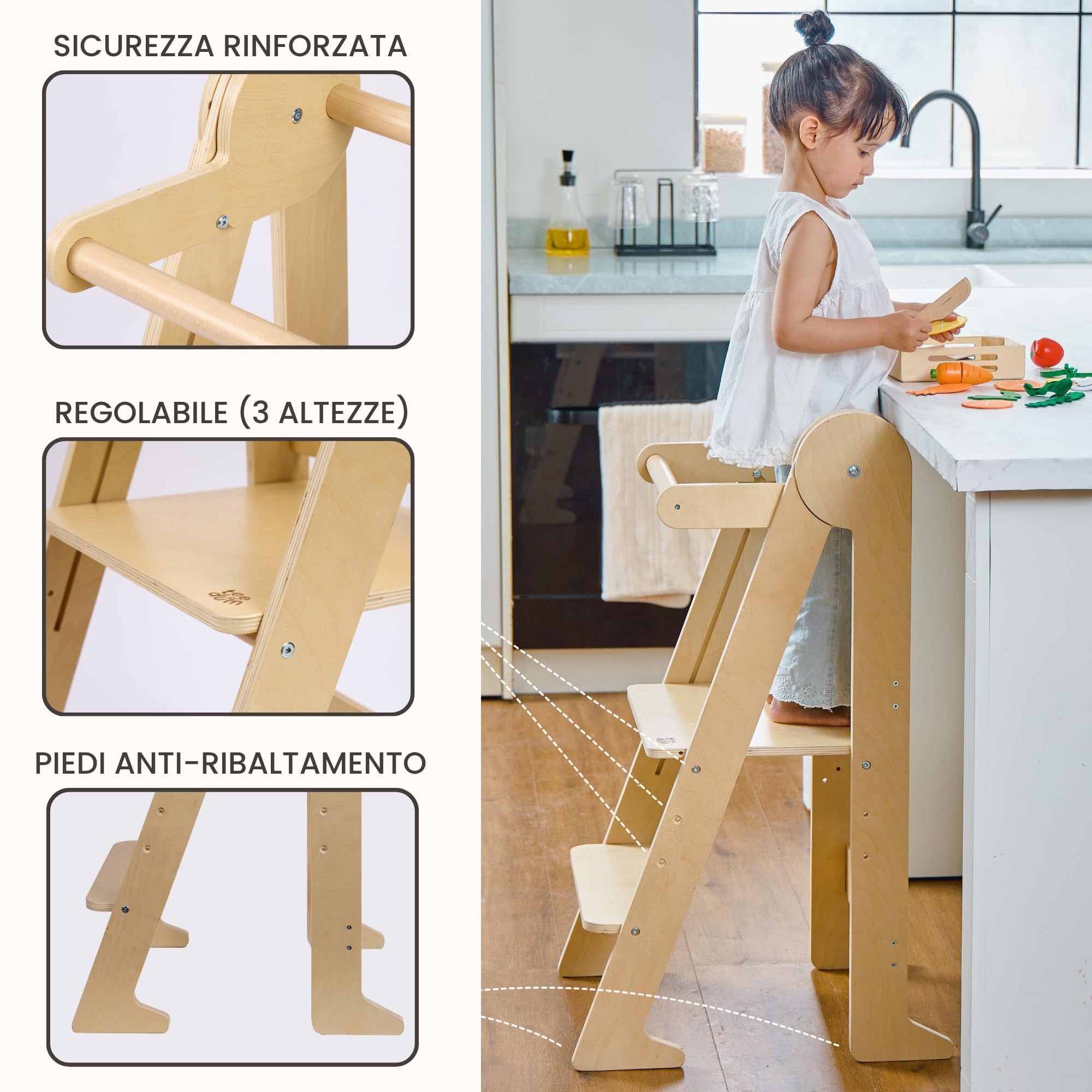Montessori - Torre di osservazione pieghevole compatta e leggera, in legno di betulla resistente a 80 kg, 3 altezze regolabili, certificato CE e sicurezza anti-ribaltamento, autonomia e capacità