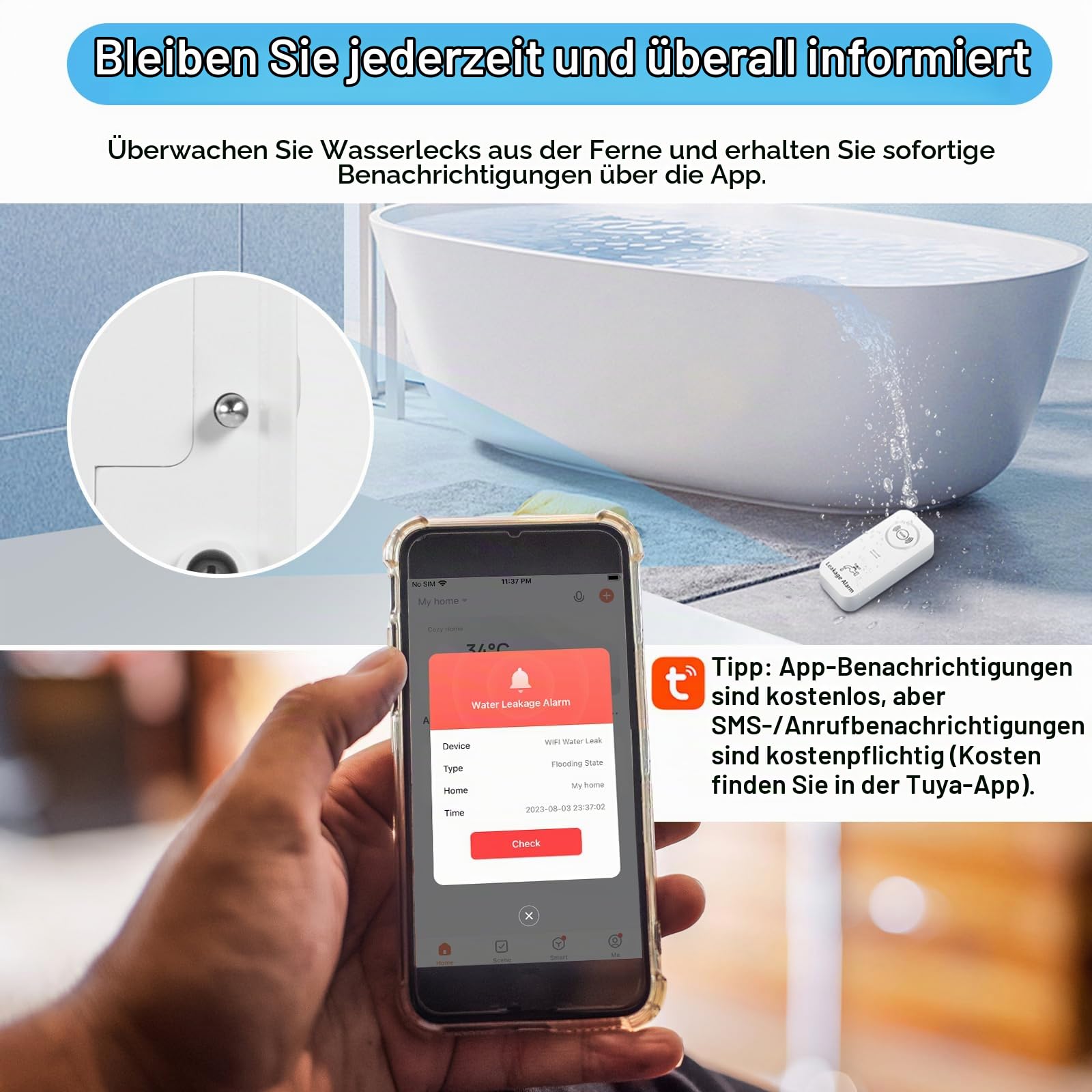 Wassermelder WLAN (2,4 G WiFi), 90 dB WiFi Wassermelder Wasseralarm und App Alarm, Wassersensor Alarm für Rohre, Schlafzimmer, Küche, Badezimmer, Keller (6er-Pack)