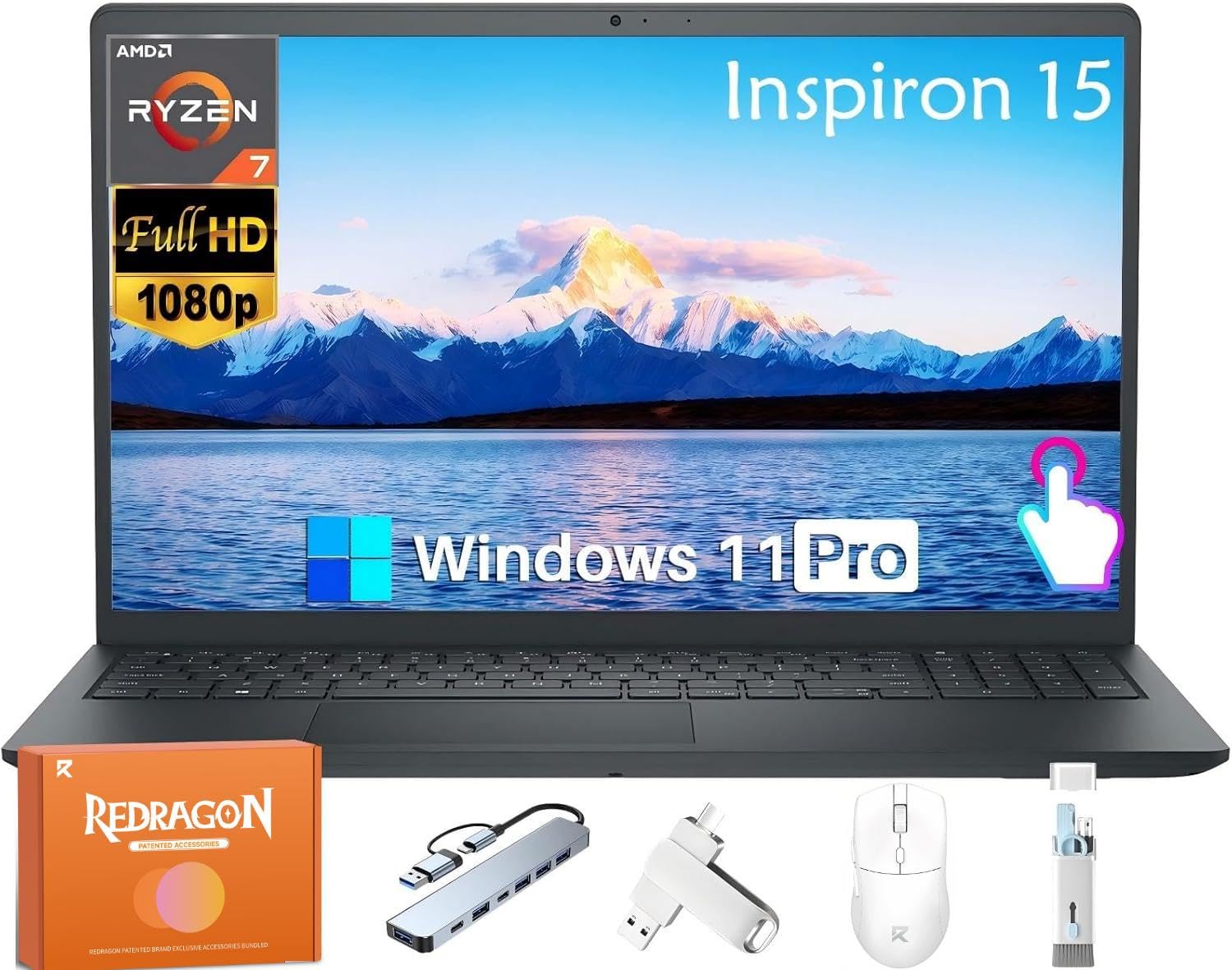Inspiron 15 3535 Touchscreen Laptop for Business, 15.6" FHD LED-Backlit Display, AMD Ryzen 7 7730U, 32 GB RAM, 1 TB SSD, AMD Radeon Graphics, 128 GB USB Flash Drive, Windows 11 Pro, w/Accessories