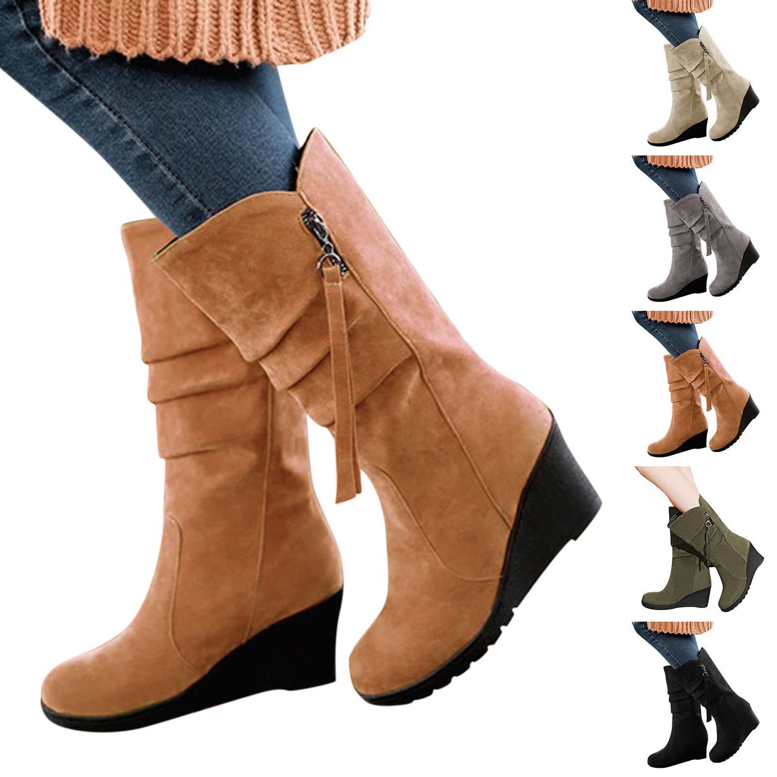 Botas Plisadas Cuñas Cuero Mujer, Botín Antiderapante Mujer Invierno, 2025 Nuevo Botines Chic Versátil Bota Casual Ancho Boot Uni Zapato Plataforma Bota Elegante Bota