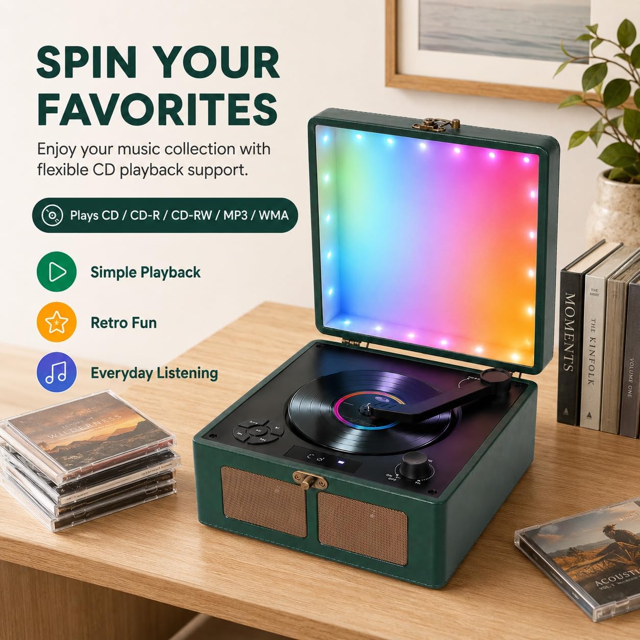 Retro CD Player, Bluetooth in/Out, White Noise & RGB Lights, Green image 5