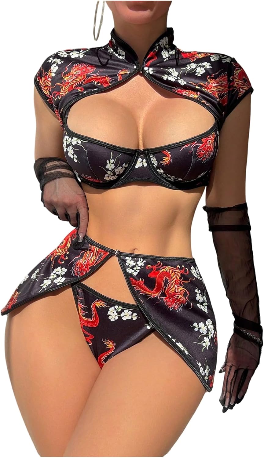 RoseSeek Women's 4 Piece Lingerie Sets Dragon Graphic Mandarin Collar Underwire Bra and Panty Costume Sets